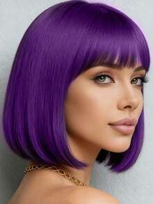 9.8 Inch Short, Synthetic Wig With Purple Bangs, Party Wig, Perfect For Halloween, Role-Playing, And Holiday Gatherings, Special Occasions - Dark Purple - View 2