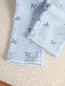 Girls 2pcs Set Round Neck Long Sleeve Long Pants Light Blue Fleece Bow Polka Dot Pattern Simple Cute Casual Soft Sweet Indoor Pajamas Autumn Home - Baby Blue - View 7