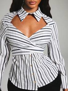 NYA SZN Top Long Sleeve Blouse Button Up Collared Stripe Pattern Sexy Everyday Going Out Special Occasion Elegant Holiday Festival Church Work Fall Winter - White - View 3