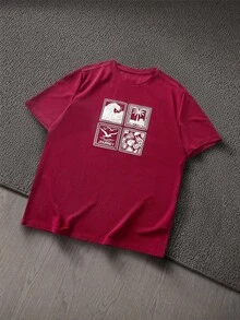 Manfinity VCAY 男士休閒短袖刺繡圓領T恤，適合日常穿著 - 酒紅色 - 查看 2