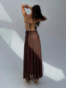 Aloruh Women's Spring/Summer Vacation Date Romantic Sexy Solid Brown Strapless Ruched Waist A-Line Dress - Coffee - View 10