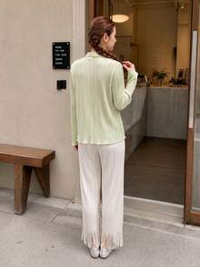 Zaforene Women's Solid Color Long Sleeve Single-Breasted Casual Top Office Sage Green Fall - Green - View 5