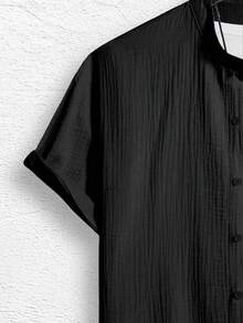 Manfinity Homme Manfinity Plus Size Men's Textured Stand Collar Short Sleeve Shirt And Shorts Set, Loose Casual Vacation 2-Piece Outfit - Black - View 4