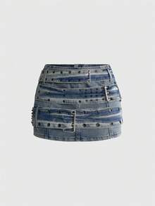 ROMWE Grunge Punk Y2K復古龐克重金屬鉚釘孔眼腰帶裝飾女款牛仔迷你裙 - 中等水洗藍 - 查看 1