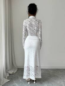 SHEIN Elenzya 2pcs Set Exquisite Hollow Lace Frog Button Top & High Waist Long Skirt - White - View 2
