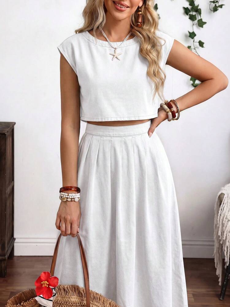 Breezaya Women's Vacation Casual Top & Denim Skirt Set - White - View 6