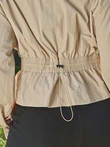 Levarali Jaket Olahraga Wanita Ukuran Besar Warna Polos dengan Tudung untuk Musim Gugur - Khaki - View 7