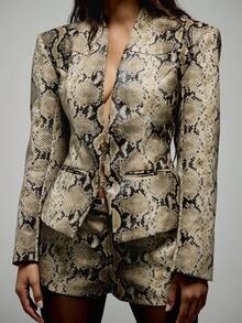KIZN Snake Print Faux Leather Structured Blazer With Deep V Neckline And Fitted Silhouette For Evening And Night Out - Multicolor - View 1