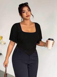 Firerie Plus Size Women's Solid Color Square Neck Casual Versatile Daily T-Shirt - Black - View 7