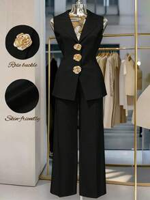 Formidée Plus Size Spring/Summer Elegant Casual Gold Rose Button Decor Solid Color Sleeveless Blazer Top + Versatile Casual Long Pants Women's 2-Piece Set, Suitable For Spring/Summer, Commuting, Office, Professional Women's 2-Piece Suit Set - Black - View 3