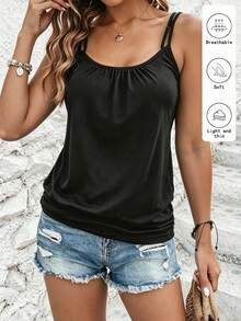 EMERY ROSE Plus Size Women Casual Solid Color Pleated Camisole, Suitable For Spring/Summer - Black - View 1