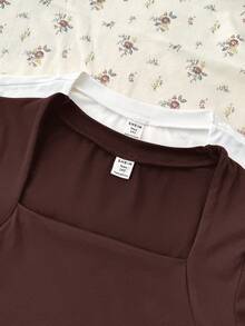 Teen Girls T-Shirts Brown & White Knitted Ruched Waist Square Neck Long Sleeve Inner Layer Multi-Piece Set - Multicolor - View 5