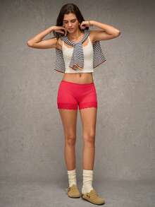 Esseday Women's Solid Color Contrast Lace Safety Shorts - Red - View 5