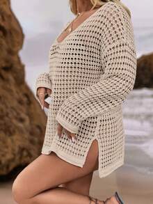 Linhara CURVE Atasan Rajut Berongga Ukuran Besar untuk Liburan Pantai, Formal, Santai, Musim Gugur, Putih, Kasual, Tradisional, Sopan, Musim Gugur - Khaki - View 5