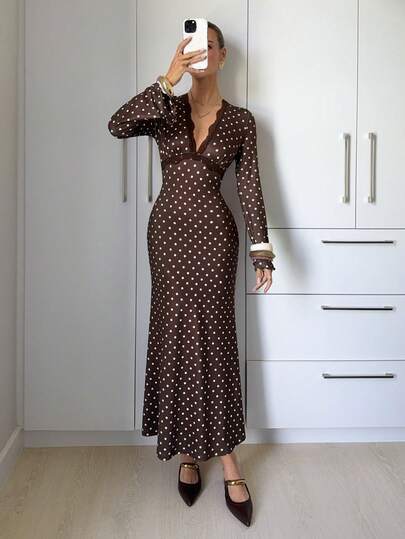 Siren Gaze Women's Deep V-Neck Lace Patchwork Polka Dot Casual Party Long Dress