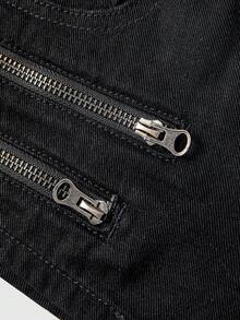 ACID BLVD Summer/Spring Y2K Millennium Style Rock Back Pocket Rhinestone Gradient Zipper Decor Ultra Low Waist Skinny Denim Shorts - Grey - View 4