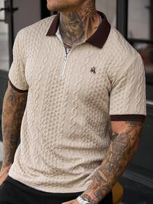 Manfinity CasualCool 男士休閒短袖 Polo 衫，男士針織提花上衣，圖案短袖 Polo 衫，復古風格，日常休閒 - 卡其色 - 查看 6