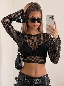 SHEIN ICON 音樂節黑色薄透網眼短款上衣,不含胸罩 - 黑色 - 查看 1