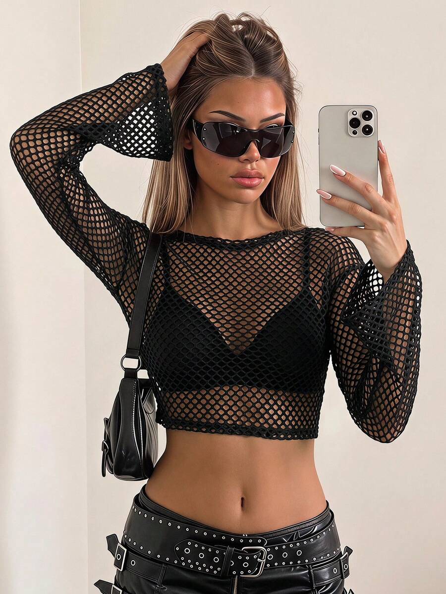 SHEIN ICON 音樂節黑色薄透網眼短款上衣,不含胸罩 - 黑色 - 查看 1