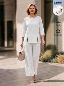 EMERY ROSE 中老年女性寬鬆舒適鈕扣裝飾長袖上衣與長褲套裝 - 白色 - 查看 2
