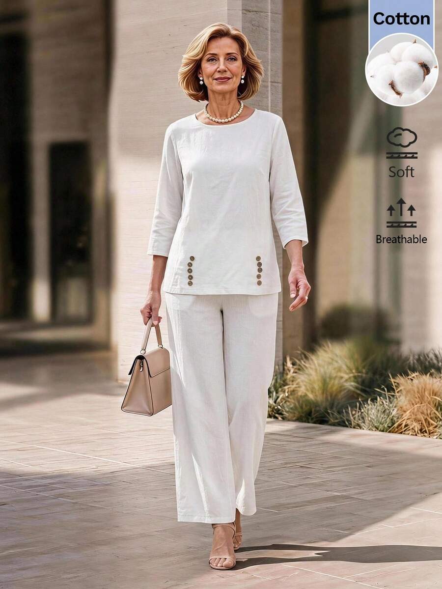 EMERY ROSE 中老年女性寬鬆舒適鈕扣裝飾長袖上衣與長褲套裝