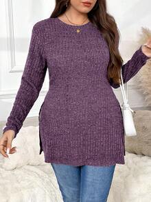 SHEIN Frenchy Kaos Kasual Lengan Panjang Leher Bulat Belahan Samping Warna Polos untuk Wanita Ukuran Besar, Cocok untuk Musim Gugur - Purple - View 4