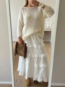 Freevana Boho Soft Form Allover White Ribbed Knit Sweater With Crochet Yoke Off-Shoulder Neck Cozy Autumn Party Office Date Night Top Pullovers For Women Fall - White - View 5