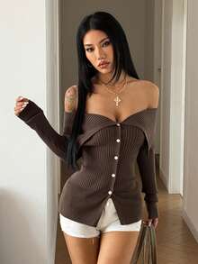 StreetHx Cardigan Wanita Polos Model Off-Shoulder Kasual Serbaguna untuk Sehari-hari - Dark Grey - View 6