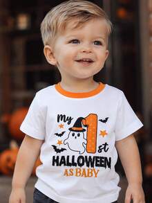 SHEIN Playful Pals 中性嬰兒 My 1st Halloween 可愛卡通幽靈圖案圓領對比色短袖T恤 休閒幼兒秋季節日上衣 0-3Y - 白色 - 查看 7