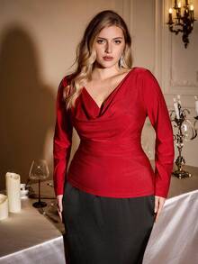 Auralis Plus Size Elegant Ladies Dress, Party Blouse, Red Long Sleeve Blouse, Elegant Swing Collar Ladies Dress, Long Sleeve Ladies Dress, Red Blouse, Christmas, Party Ladies Dress - Red - View 4