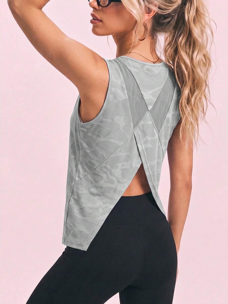 SHEIN Sovereign Charm 女款運動瑜伽戶外健身無袖寬版背心,X交叉網眼後背設計,倒V下擺 - 淺灰色 - 查看 1