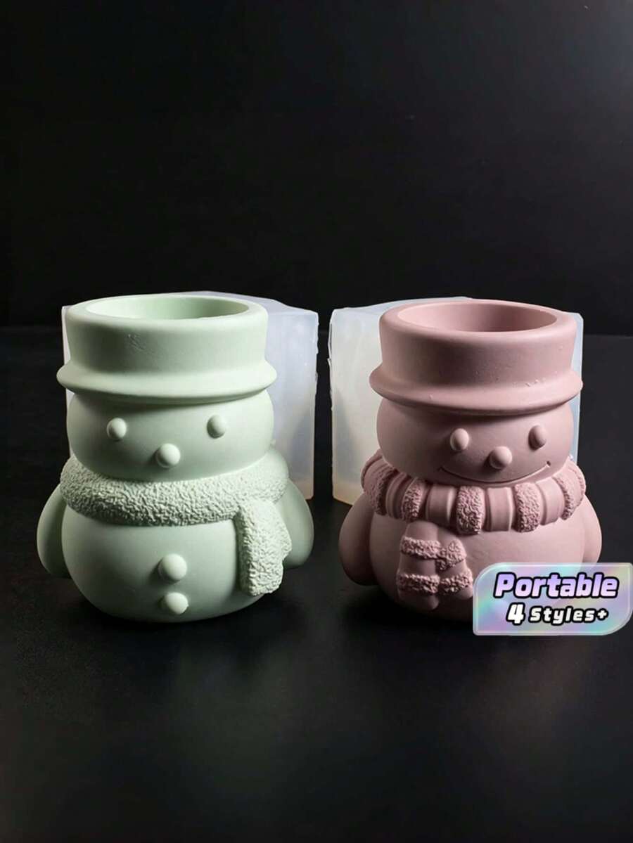 圍巾雪人收納盒矽膠模具,2款DIY手工蠟燭模具,聖誕與萬聖節家居裝飾收納容器製作用品 - 圍巾雪人 - 查看 1