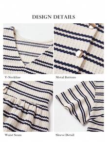 ELLERISSA Plus Size Apricot Navy Stripe V Neck Button Front Peplum T-Shirt - Apricot - View 6