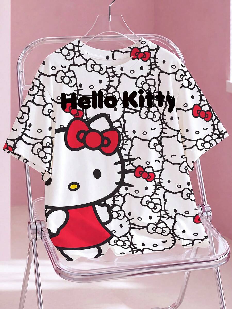 HELLO KITTY AND FRIENDS | SHEIN 大尺碼夏季休閒卡通印花T恤 - 白色 - 查看 1