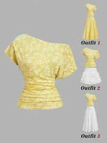 SHEIN MOD Chic Yellow Asymmetric Neckline Women's Top With Floral Texture And Gathered Side,Yellow Lace Top,Slightly Shoulder-Sleeved Knitted Top - Light Yellow - View 4