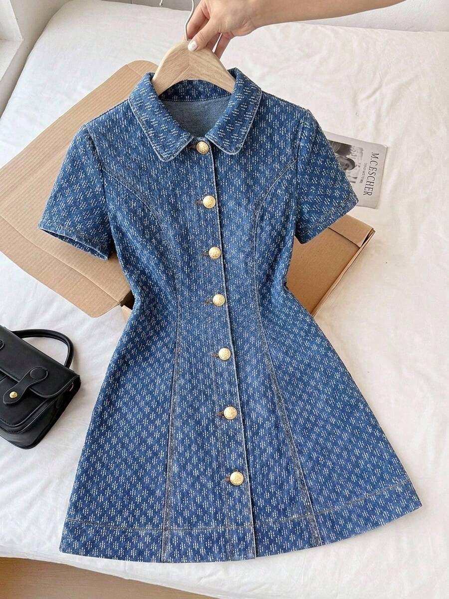 SHEIN MOD 女款夏季休閒前開扣牛仔洋裝 - 藍色 - 查看 1