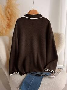 CosyJoli Plus Size Casual Brown Color Block Trim V-Neck Pullover Sweater/Winter - Brown - View 2