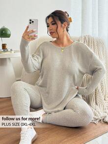 Lounesse Plus Size Women Plain Grey Ribbed Knit Set,Autumn Crew Neck Long Sleeve Top And Pants 2 Pieces,Smart Casual Everyday Lounge Comfy Sweater Sets Fall - Multicolor - View 8