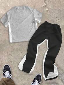 大童男孩休閒舒適時尚極簡圓領短袖喇叭褲 T-shirt 套裝，經典酷帥帥氣蒸汽龐克角色肖像印花配墨鏡，酷感文字圖案印花，適合秋冬 - 彩色 - 查看 5