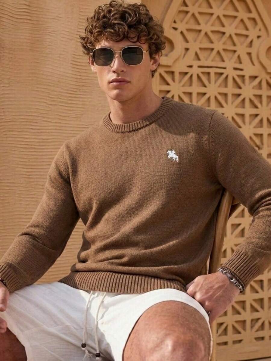 Manfinity Homme Men's Knight Pattern Crew Neck Casual Long Sleeve Sweater - Chocolate Brown - View 1