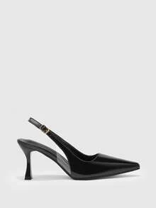 CUCCOO BIZCHIC New Pointed Thin High Heel Black Glossy Buckle Rear Strap Slingback Women's High Heel Shoes Fashionable And Simple Daily Commute To Work Profession Fall Shoes - Black - View 2