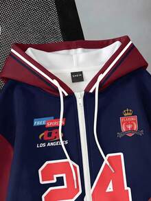 SHEIN EZwear 女款休閒寬鬆美式復古拉鍊連帽衛衣，秋冬服飾，拼色拼接，街頭風，適合教師，海軍藍 - 彩色 - 查看 4