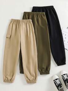 SHEIN 3件組買2送1兒童青少年男孩休閒寬鬆慢跑工裝褲，基礎下裝，黑色工裝褲、軍綠色工裝褲、卡其色工裝褲，適合秋冬、學校、家庭聚會，秋季穿搭，冬季穿搭 - 彩色 - 查看 5
