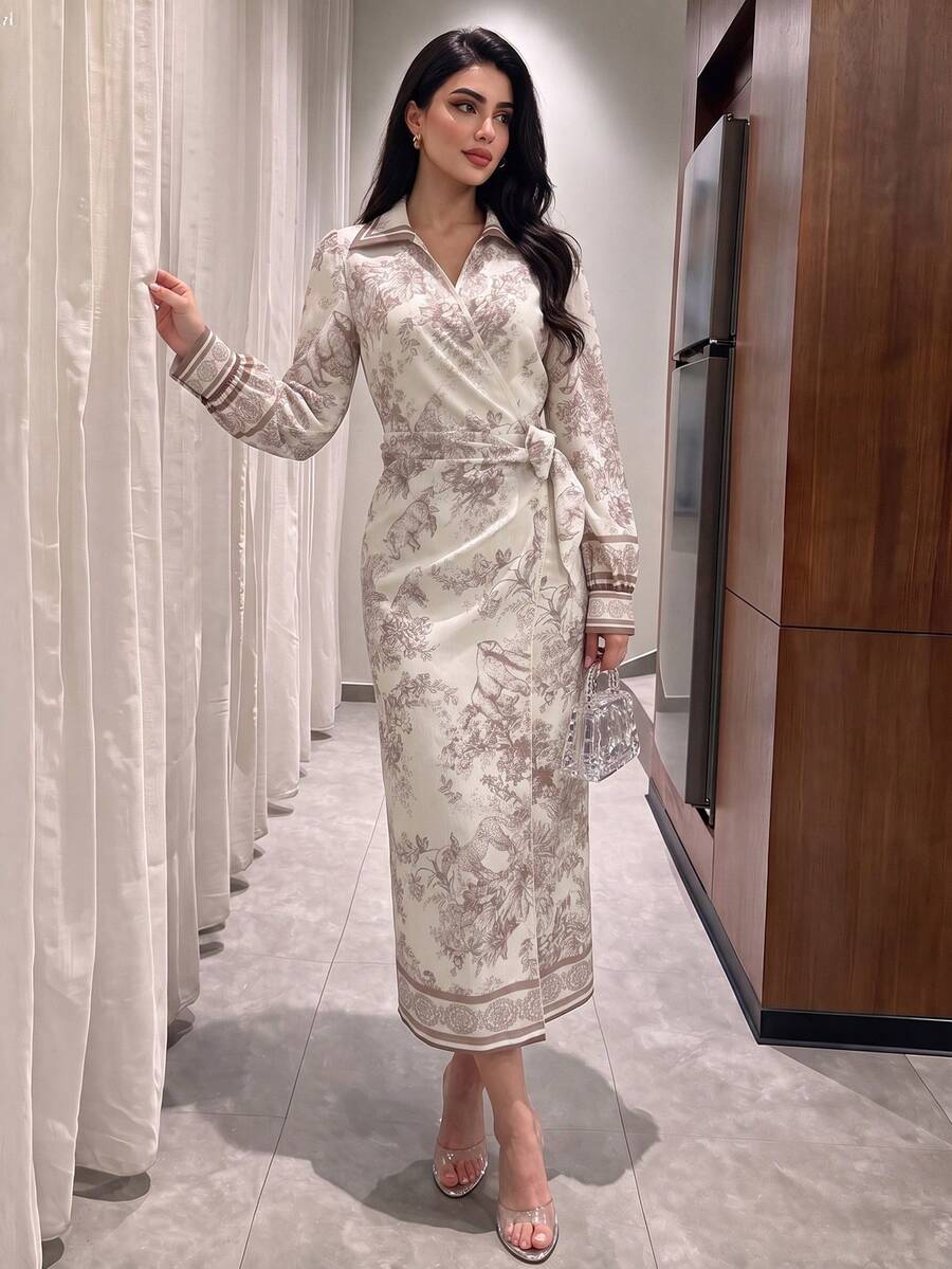 Modelyn 女款領口裹身中長洋裝 長泡泡袖 綁腰 植物印花 飾邊下擺 秋季 靜奢風 優雅 適合辦公室、婚禮賓客、端莊休閒 - 彩色 - 查看 1