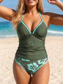 SHEIN Swim Plus Size Women 2-Piece Set Solid Color Deep V-Neck Top High Waist Printed Triangle Bikini Bottom Mature Elegant Beach Separates Olive Green Summer - Multicolor - View 1