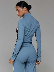 Musera Sport High Neck Zip Through Contrast Colour Panelled Fitted BBL Style Active Jacket Fall Autumn Winter Gym Workout Cute - Aqua Blue - View 5