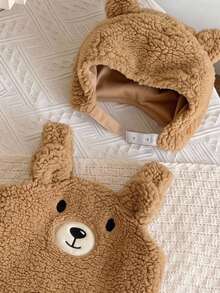 Cozy Pixies Setelan Bayi Perempuan 2pcs: Baju Terusan Tebal Berlapis Termal Motif Beruang Kartun & Topi Lengan Panjang, Musim Gugur/Musim Dingin - Coklat - View 4