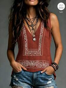 SHEIN Franclia 時尚V領刺繡休閒波希米亞風度假背心上衣 鐵鏽棕色 夏季 - 紅色 - 查看 4