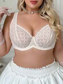 Crystal Vow Sujetador elegante y romántico de encaje completo con patchwork, tirantes anchos ajustables, efecto push-up con aros, talla grande, cobertura completa, 1 pieza - Rosa Pálido - Ver 4