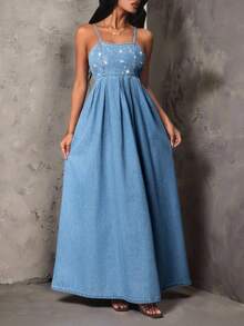 Glamine SHEIN Glamour Women's Denim Rhinestone Dress - Blue - View 4